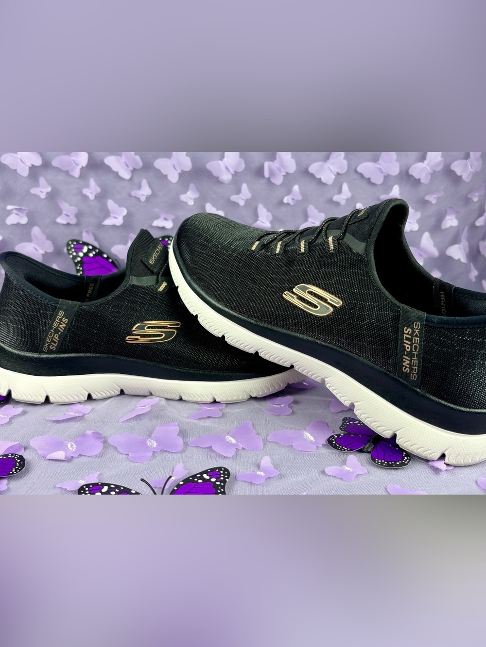 Skechers Black and Gold Hands Free Slip-On Athletic Sneakers